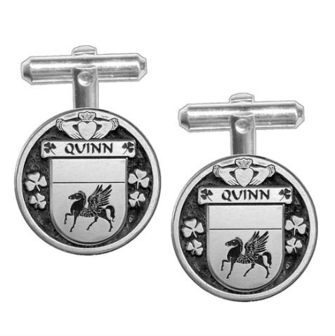 Image 1 of Quinn Irish Coat Of Arms Claddagh Stylish Pewter Family Crest Cufflinks