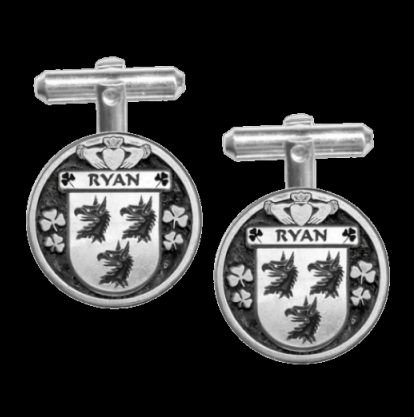 Image 0 of Ryan Irish Coat Of Arms Claddagh Sterling Silver Family Crest Cufflinks