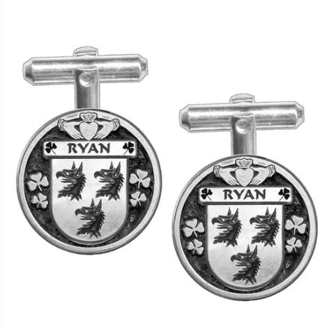 Image 1 of Ryan Irish Coat Of Arms Claddagh Sterling Silver Family Crest Cufflinks