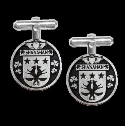 Image 0 of Shanahan Irish Coat Of Arms Claddagh Sterling Silver Family Crest Cufflinks