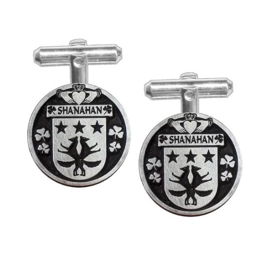 Image 1 of Shanahan Irish Coat Of Arms Claddagh Sterling Silver Family Crest Cufflinks