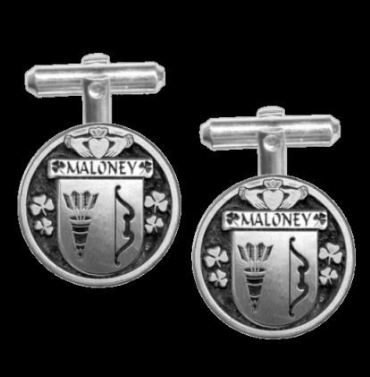 Image 0 of Maloney Irish Coat Of Arms Claddagh Sterling Silver Family Crest Cufflinks