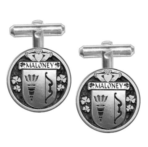 Image 1 of Maloney Irish Coat Of Arms Claddagh Sterling Silver Family Crest Cufflinks