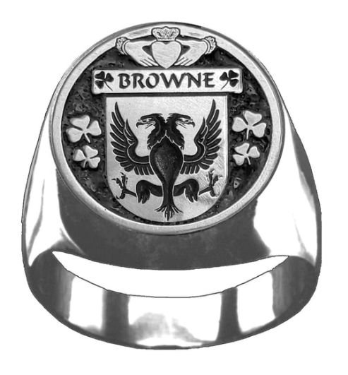 Image 1 of Browne Irish Coat Of Arms Family Crest Mens Sterling Silver Ring