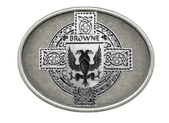 Image 1 of Browne Irish Coat of Arms Oval Antiqued Mens Sterling Silver Belt Buckle