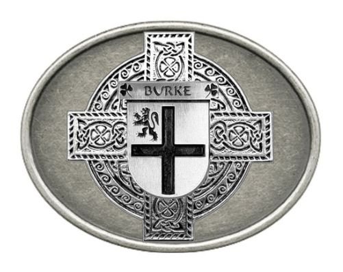 Image 1 of Burke Irish Coat of Arms Oval Antiqued Mens Stylish Pewter Belt Buckle