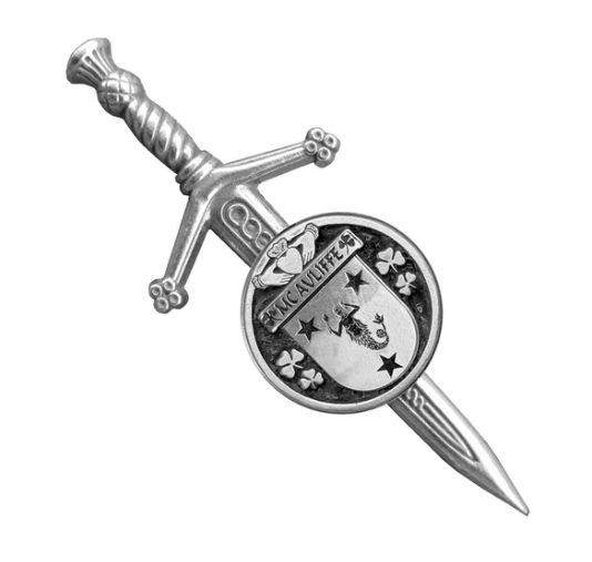 Image 1 of McAuliffe Irish Coat Of Arms Claddagh Round Sterling Silver Small Kilt Pin