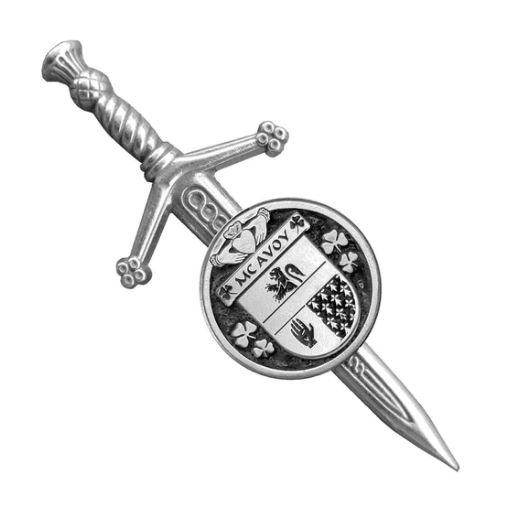 Image 1 of McAvoy Irish Coat Of Arms Claddagh Round Sterling Silver Small Kilt Pin