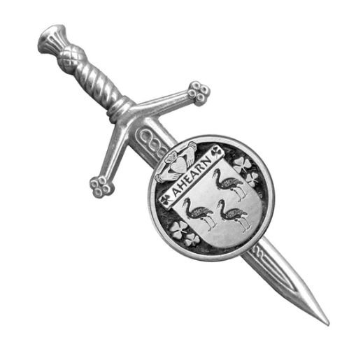 Image 1 of Ahearn Irish Coat Of Arms Claddagh Round Sterling Silver Small Kilt Pin