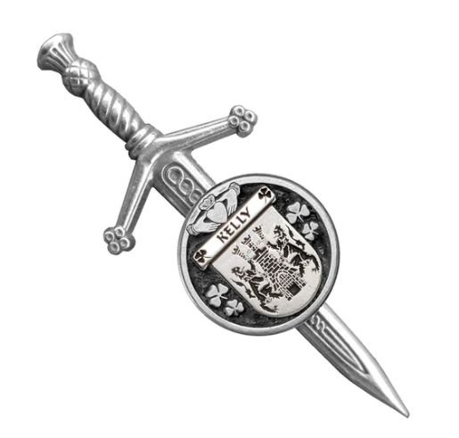 Image 1 of Kelly Irish Coat Of Arms Claddagh Round Sterling Silver Small Kilt Pin