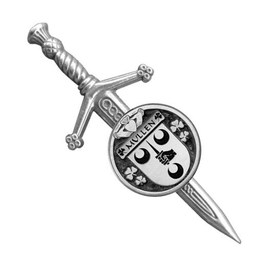 Image 1 of Mullen Irish Coat Of Arms Claddagh Round Sterling Silver Small Kilt Pin