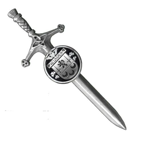 Image 1 of McLoughlin Irish Coat Of Arms Claddagh Round Pewter Family Crest Large Kilt Pin