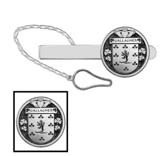 Image 1 of Gallagher Irish Coat Of Arms Claddagh Round Sterling Silver Button Loop Tie Bar