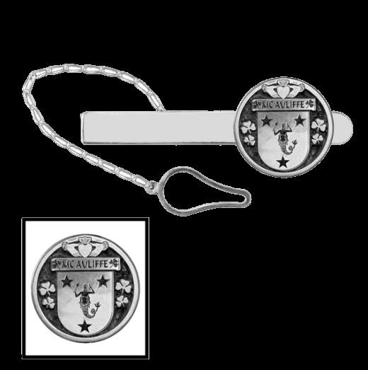 Image 0 of McAuliffe Irish Coat Of Arms Claddagh Round Sterling Silver Button Loop Tie Bar