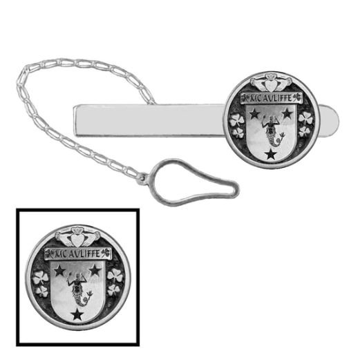 Image 1 of McAuliffe Irish Coat Of Arms Claddagh Round Sterling Silver Button Loop Tie Bar
