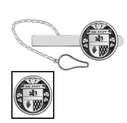 Image 1 of McAvoy Irish Coat Of Arms Claddagh Round Sterling Silver Button Loop Tie Bar