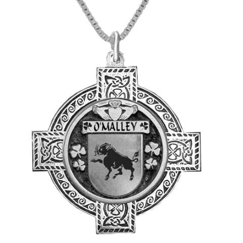 Image 1 of OMalley Irish Coat Of Arms Celtic Cross Pewter Family Crest Pendant