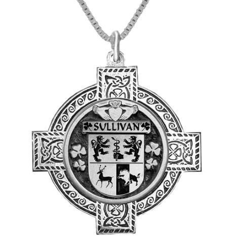 Image 1 of Sullivan Irish Coat Of Arms Celtic Cross Pewter Family Crest Pendant