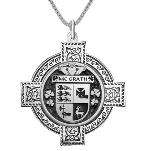 Image 1 of McGrath Irish Coat Of Arms Celtic Cross Silver Family Crest Pendant