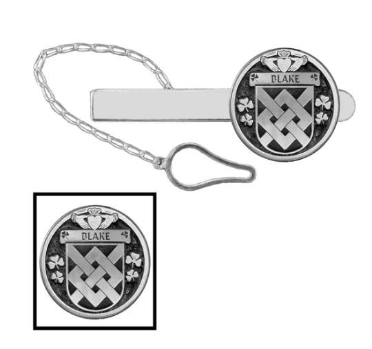 Image 1 of Blake Irish Coat Of Arms Claddagh Round Sterling Silver Button Loop Tie Bar