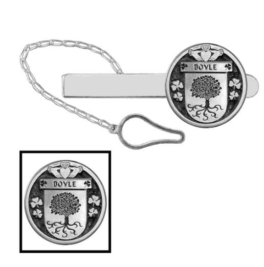Image 1 of Boyle Irish Coat Of Arms Claddagh Round Sterling Silver Button Loop Tie Bar