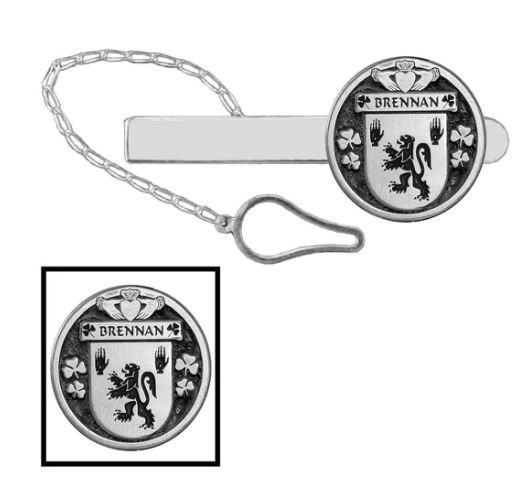 Image 1 of Brennan Irish Coat Of Arms Claddagh Round Sterling Silver Button Loop Tie Bar