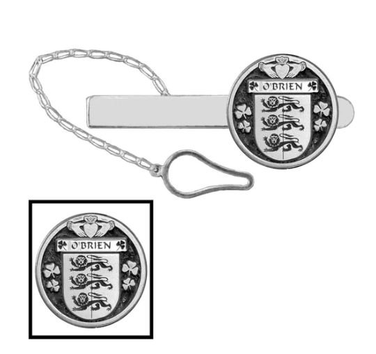 Image 1 of OBrien Irish Coat Of Arms Claddagh Round Sterling Silver Button Loop Tie Bar
