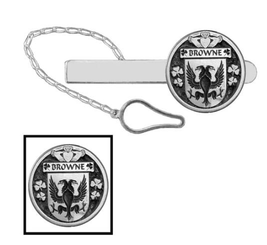 Image 1 of Browne Irish Coat Of Arms Claddagh Round Sterling Silver Button Loop Tie Bar