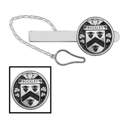 Image 1 of Buckley Irish Coat Of Arms Claddagh Round Sterling Silver Button Loop Tie Bar