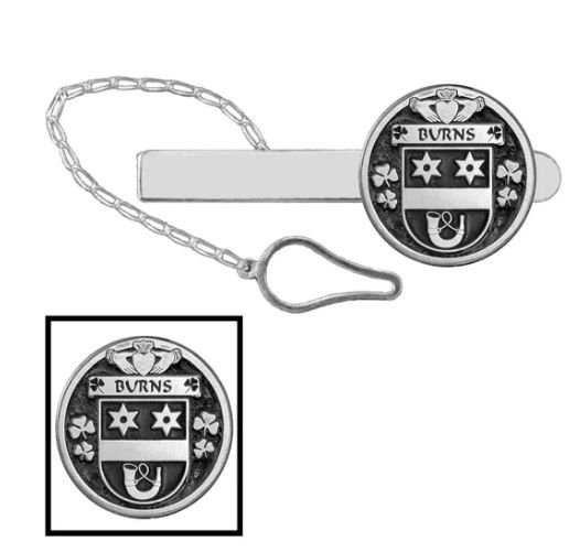 Image 1 of Burns Irish Coat Of Arms Claddagh Round Sterling Silver Button Loop Tie Bar