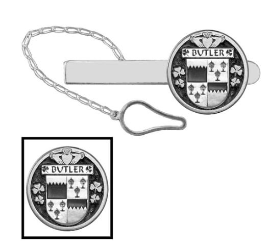 Image 1 of Butler Irish Coat Of Arms Claddagh Round Sterling Silver Button Loop Tie Bar