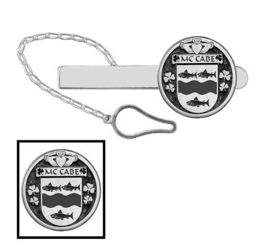 Image 1 of McCabe Irish Coat Of Arms Claddagh Round Sterling Silver Button Loop Tie Bar