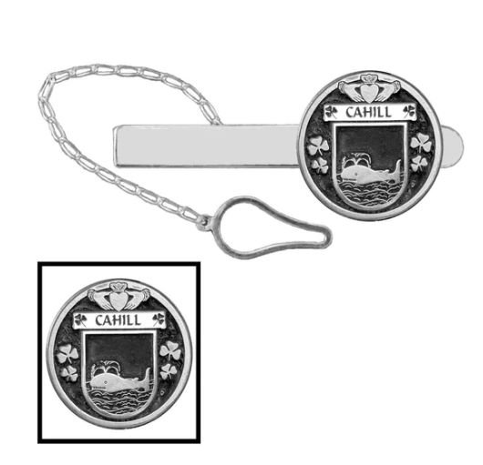 Image 1 of Cahill Irish Coat Of Arms Claddagh Round Sterling Silver Button Loop Tie Bar