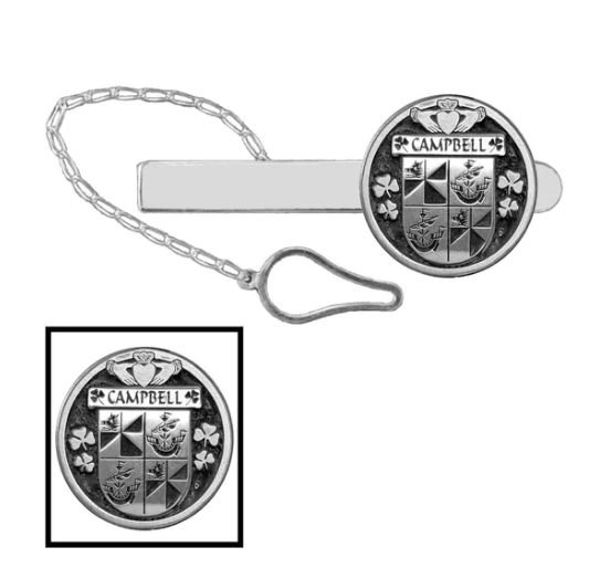 Image 1 of Campbell Irish Coat Of Arms Claddagh Round Sterling Silver Button Loop Tie Bar