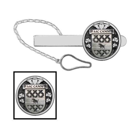 Image 1 of McCann Irish Coat Of Arms Claddagh Round Sterling Silver Button Loop Tie Bar