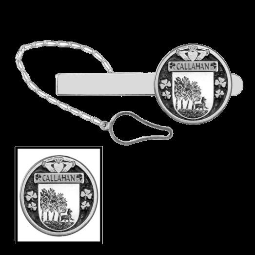 Image 0 of Callahan Irish Coat Of Arms Claddagh Round Sterling Silver Button Loop Tie Bar