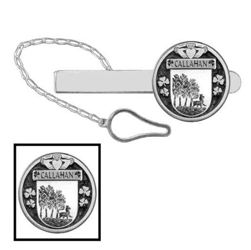 Image 1 of Callahan Irish Coat Of Arms Claddagh Round Sterling Silver Button Loop Tie Bar