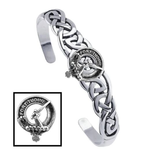 Image 1 of MacRae Clan Badge Sterling Silver Clan Crest Interlace Cuff Bracelet