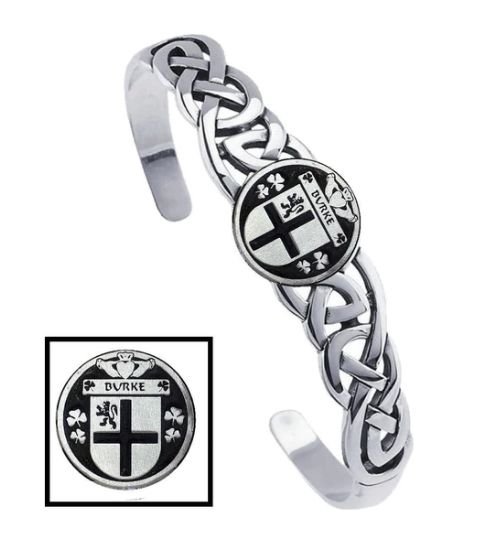 Image 1 of Burke Irish Coat Of Arms Sterling Silver Family Crest Interlace Cuff Bracelet