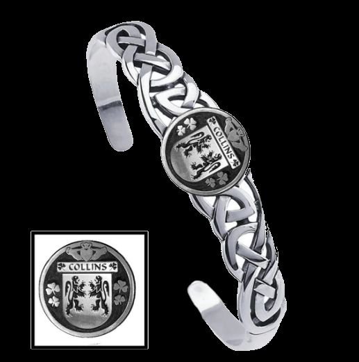 Image 0 of Collins Irish Coat Of Arms Sterling Silver Family Crest Interlace Cuff Bracelet