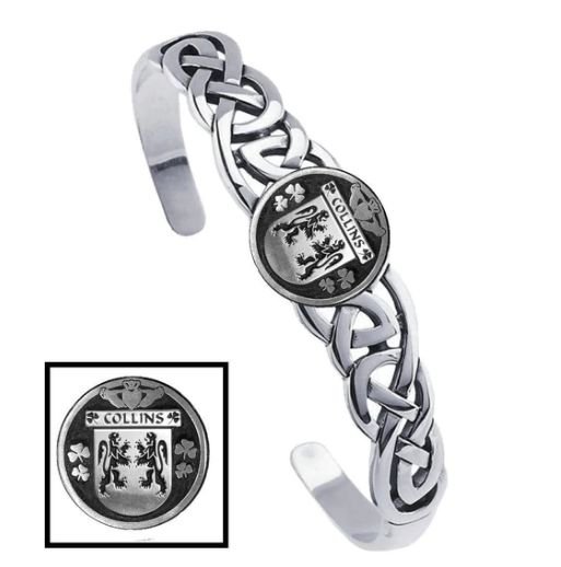 Image 1 of Collins Irish Coat Of Arms Sterling Silver Family Crest Interlace Cuff Bracelet