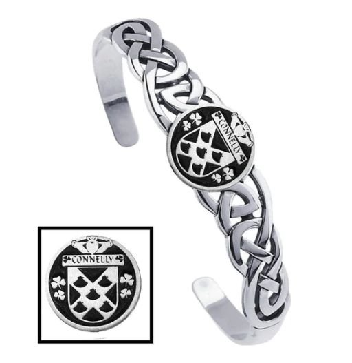 Image 1 of Connelly Irish Coat Of Arms Sterling Silver Family Crest Interlace Cuff Bracelet
