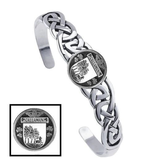 Image 1 of Callahan Irish Coat Of Arms Sterling Silver Family Crest Interlace Cuff Bracelet
