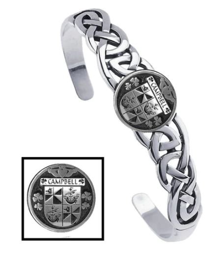 Image 1 of Campbell Irish Coat Of Arms Sterling Silver Family Crest Interlace Cuff Bracelet