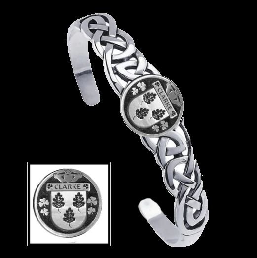Image 0 of Clarke Irish Coat Of Arms Sterling Silver Family Crest Interlace Cuff Bracelet