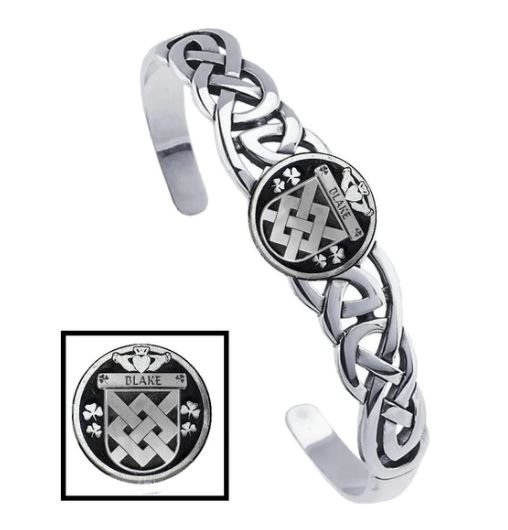 Image 1 of Blake Irish Coat Of Arms Sterling Silver Family Crest Interlace Cuff Bracelet