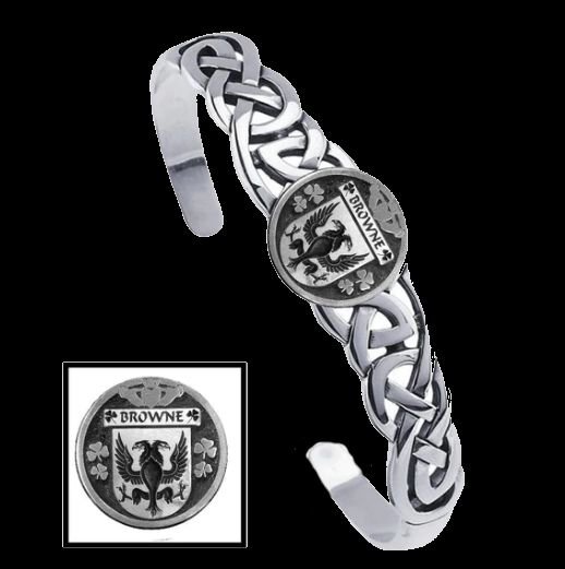 Image 0 of Browne Irish Coat Of Arms Sterling Silver Family Crest Interlace Cuff Bracelet