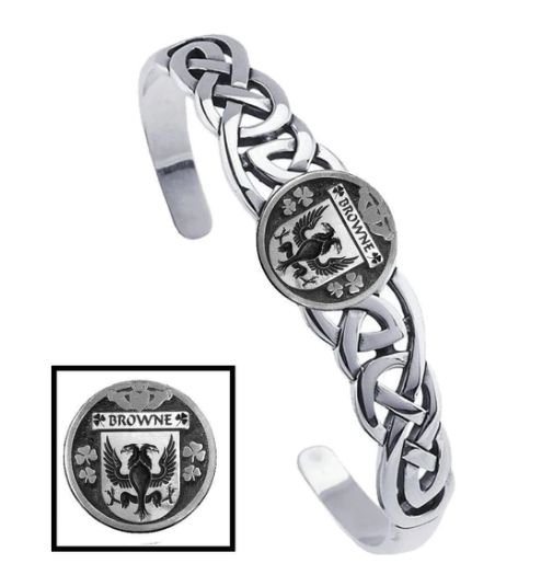 Image 1 of Browne Irish Coat Of Arms Sterling Silver Family Crest Interlace Cuff Bracelet
