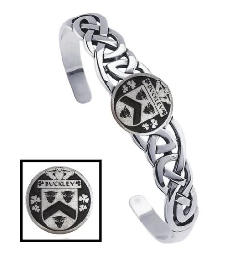 Image 1 of Buckley Irish Coat Of Arms Sterling Silver Family Crest Interlace Cuff Bracelet