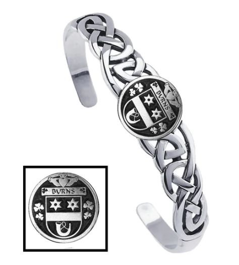 Image 1 of Burns Irish Coat Of Arms Sterling Silver Family Crest Interlace Cuff Bracelet